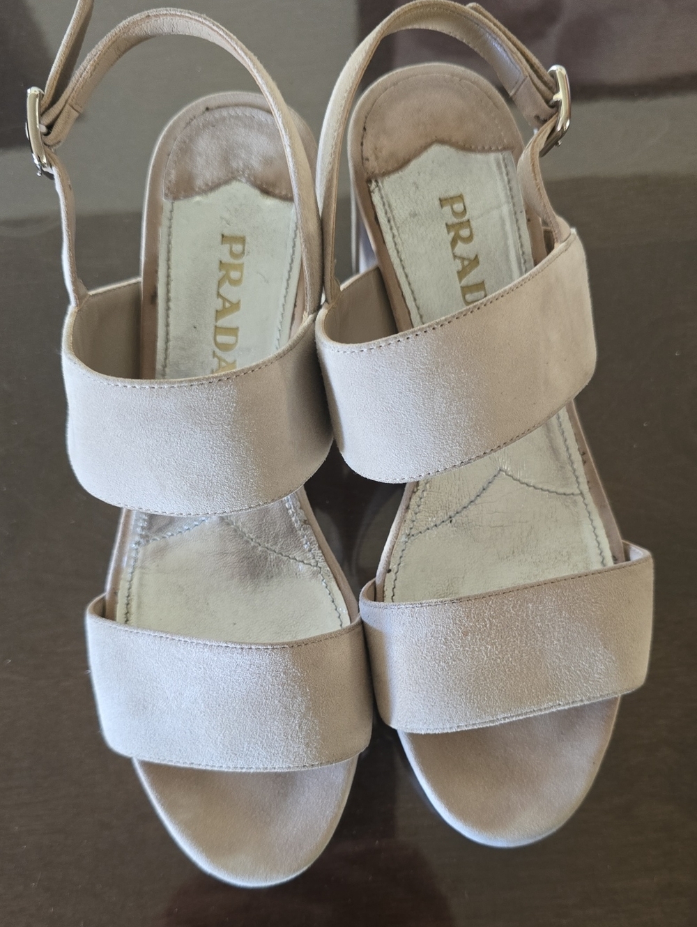 Prada Beige Suede Platform Sandals Block Heel - Size 37 (EU)